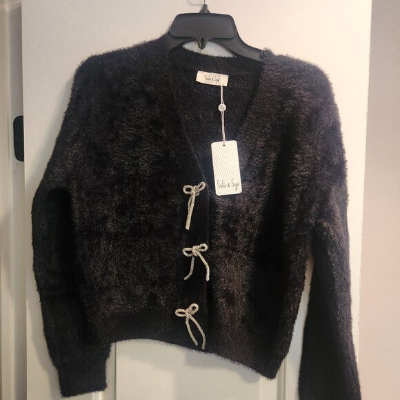 NWT -Sadie & Sage x Anthropologie Black Cardigan With Rhinestone Bows-Small - Picture 5 of 11